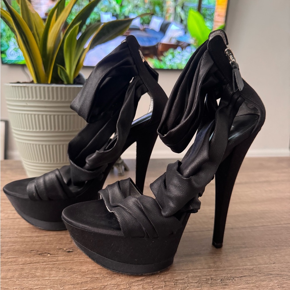 Casadei Black Satin Platform High Heel Sandals Size 6.5 US